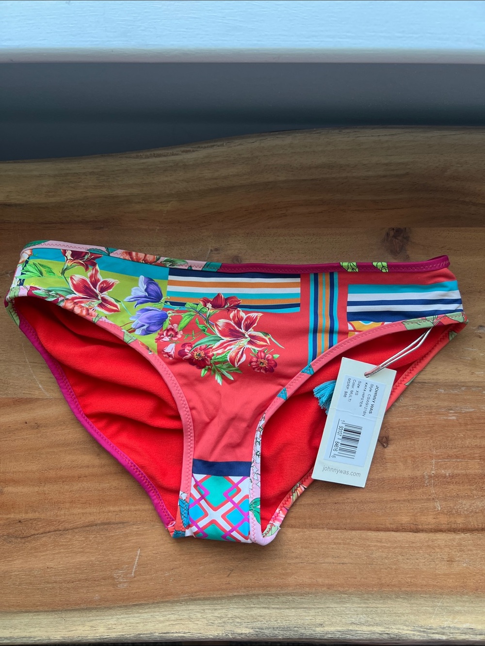 Johnny Was multicolor hipster bikini bottoms in coral and teal accents